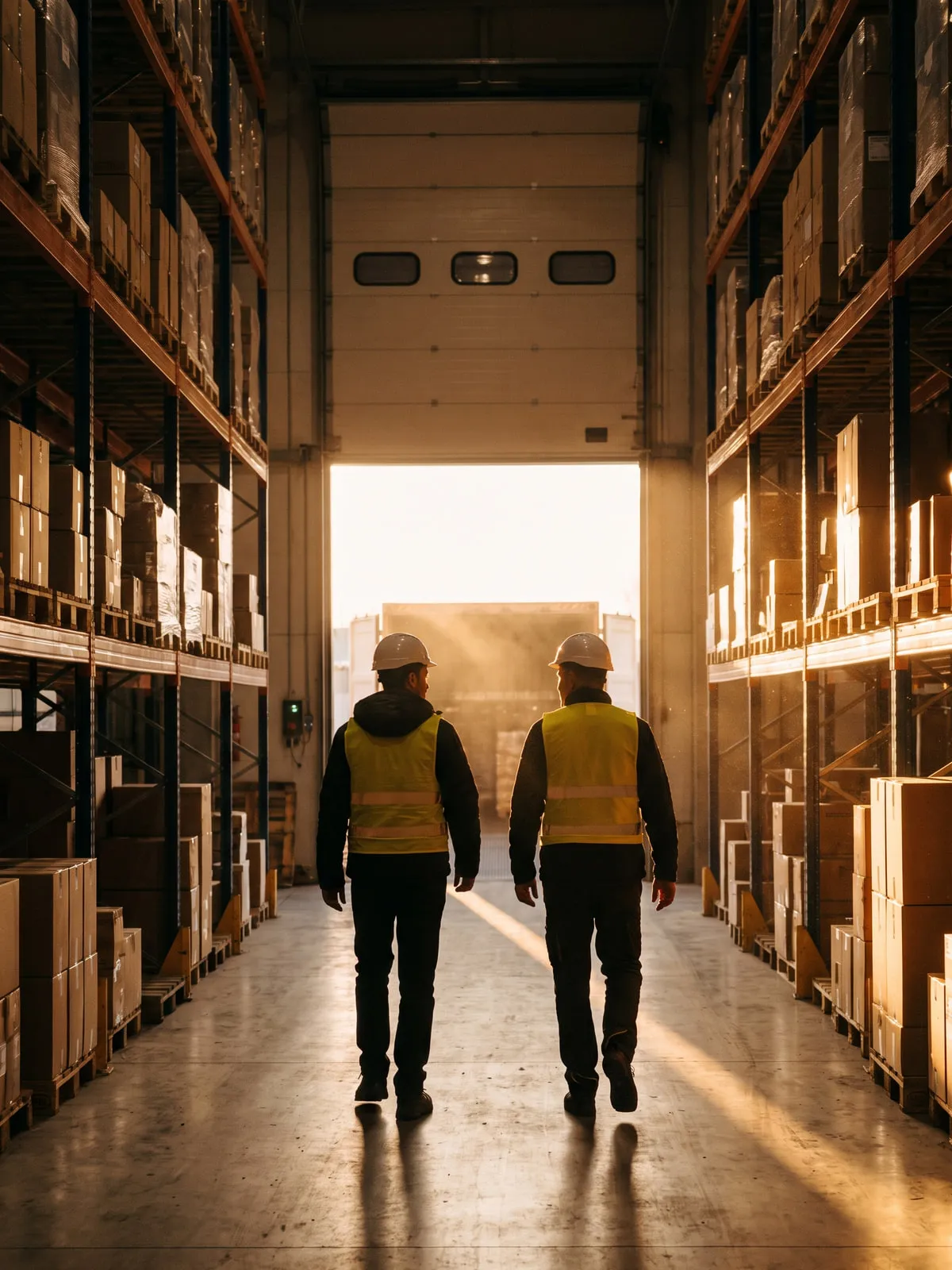 Two warehouse workers in high-visibility vests walking toward a sunlit loading door