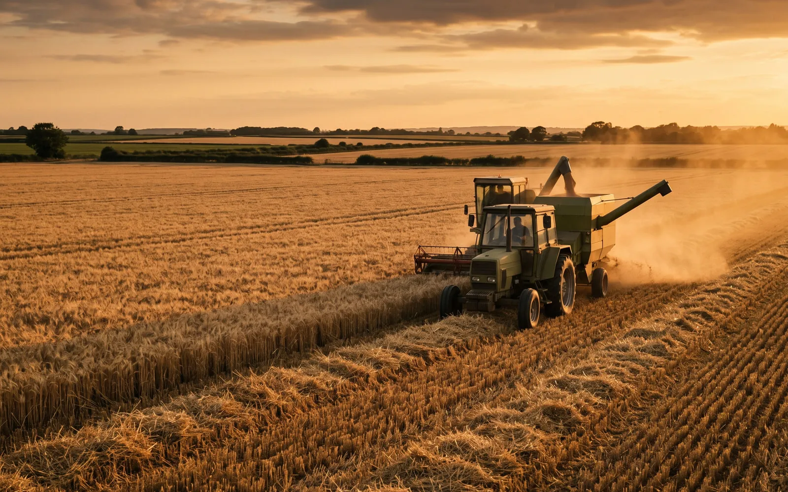 Tractor harvesting a golden grain field in evening light