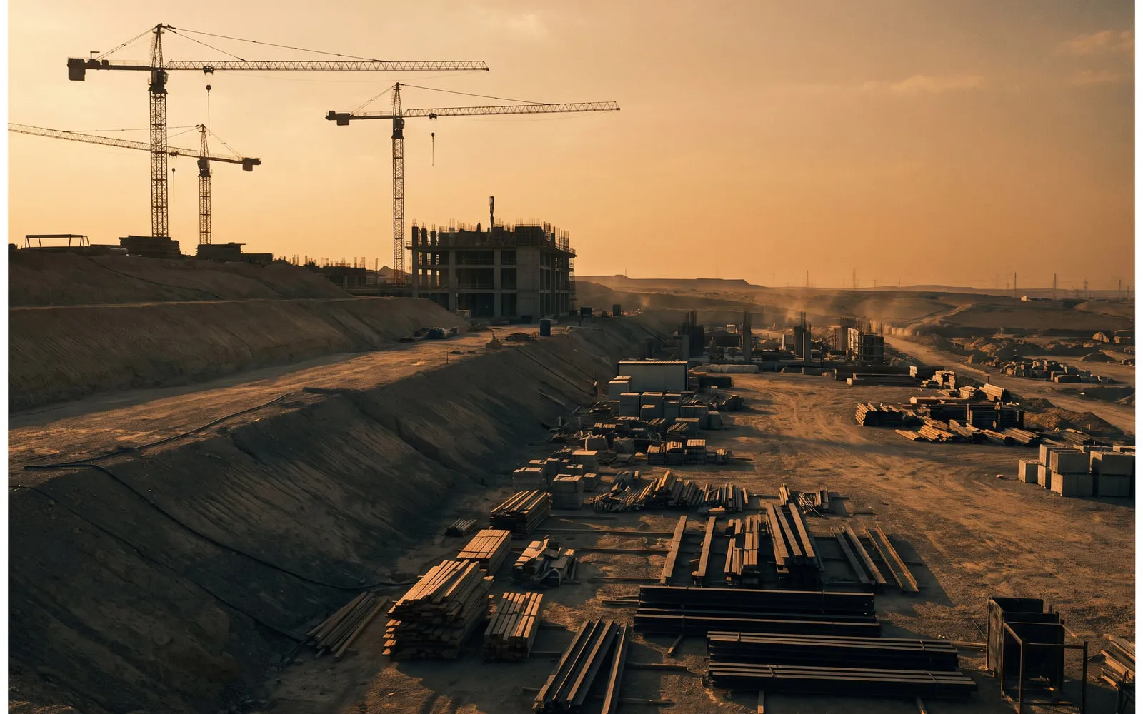 Three tower cranes above a concrete structure under construction