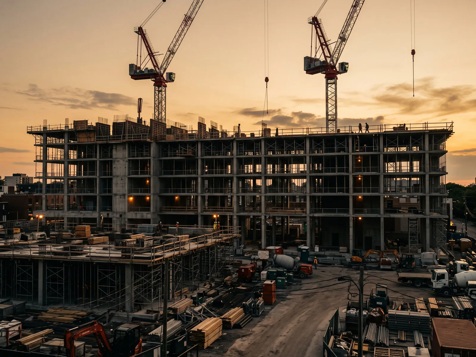 Construction site with tower cranes at dusk