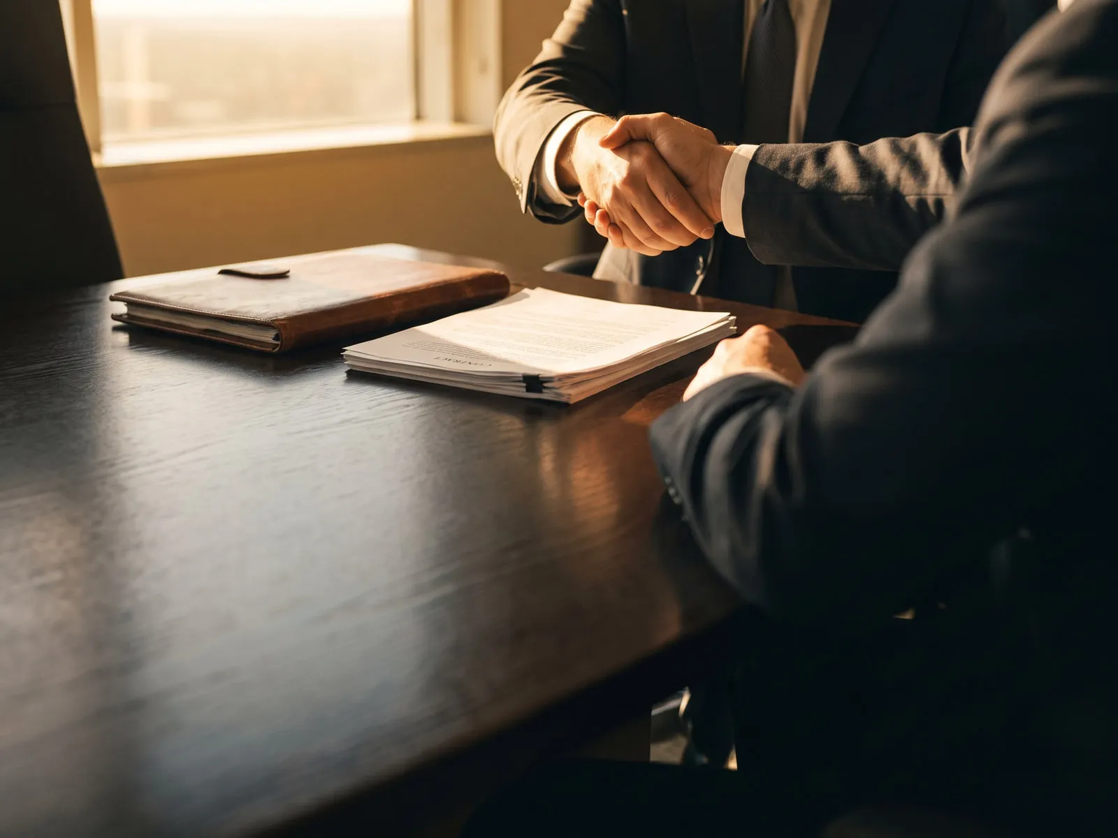 Business handshake over contract documents in a boardroom