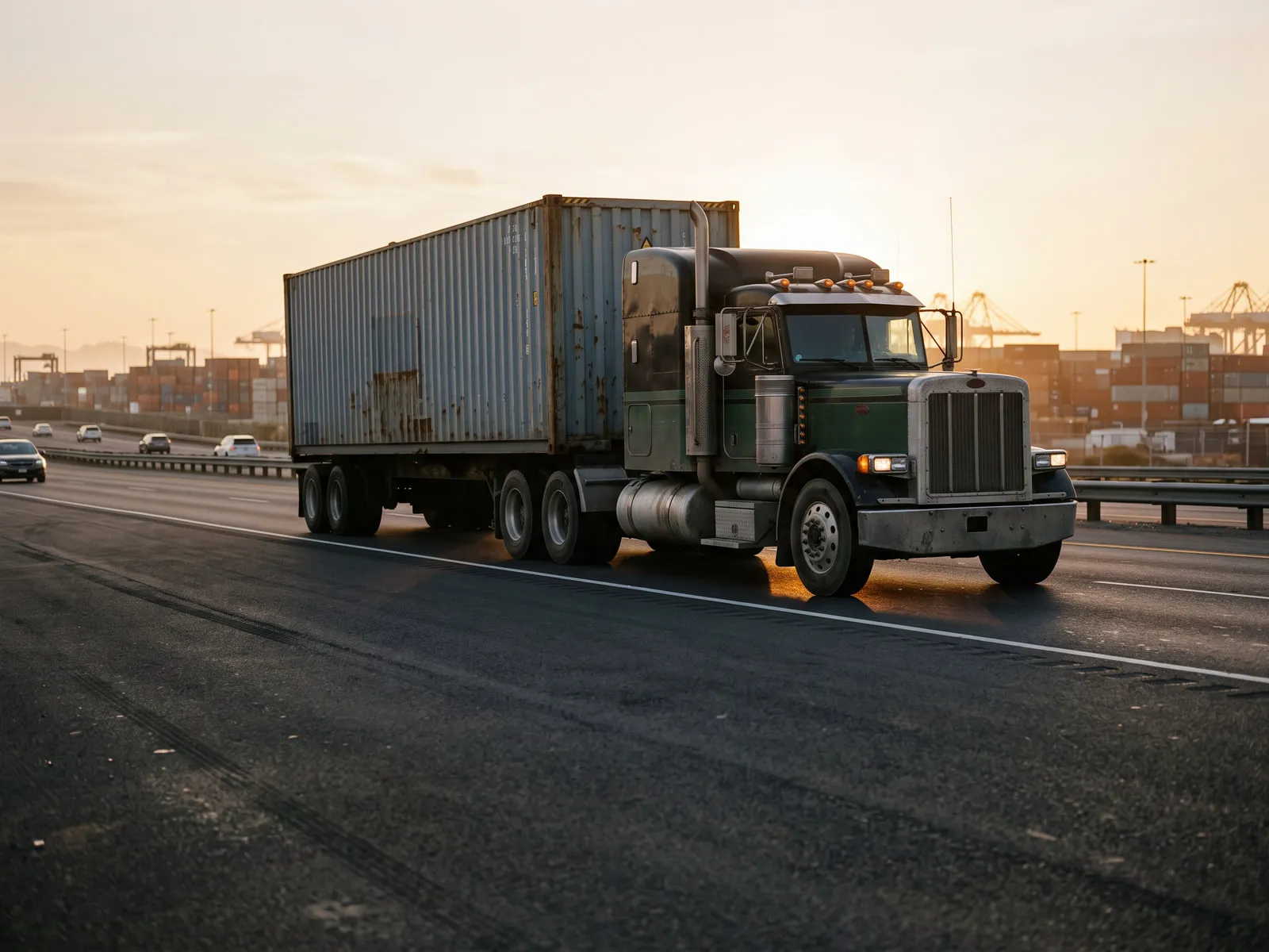Cargo truck carrying a shipping container on a highway at sunset